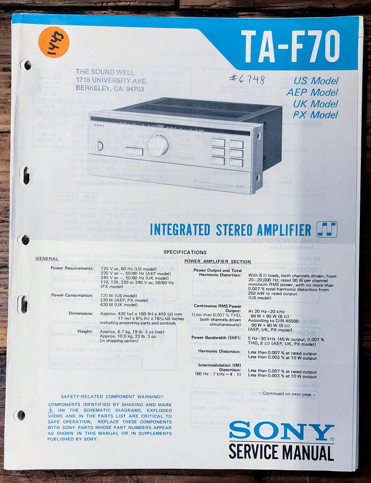 Sony TA-F70 Amplifier  Service Manual *Original*