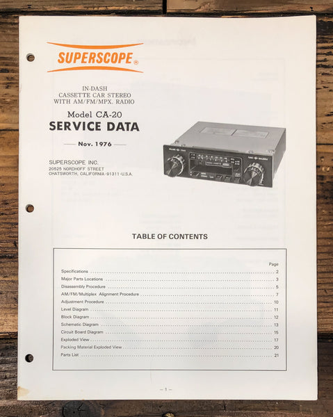 Superscope CA-20 Car Stereo Service Manual *Original*