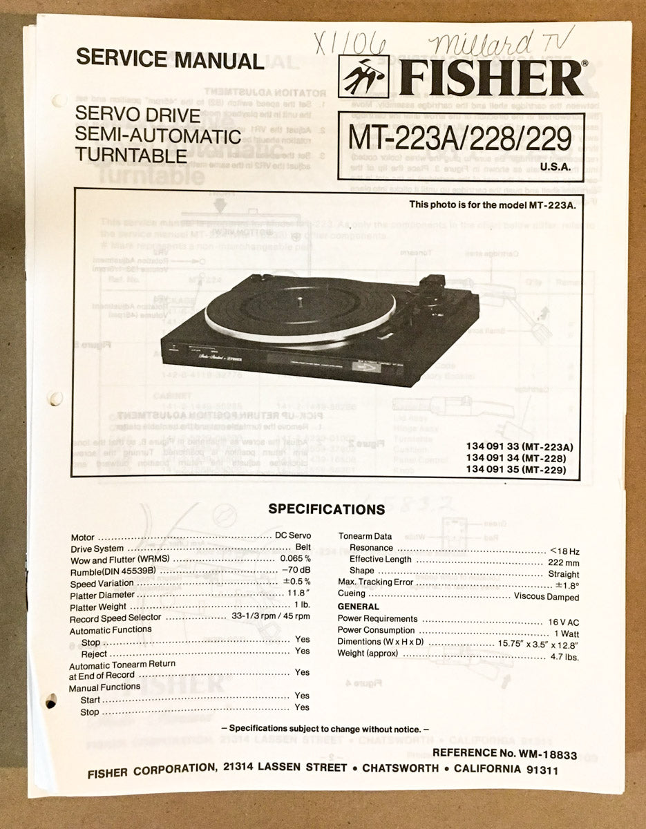 Fisher MT-223A MT-228 MT-229 Record Player / Turntable Service Manual *Original*