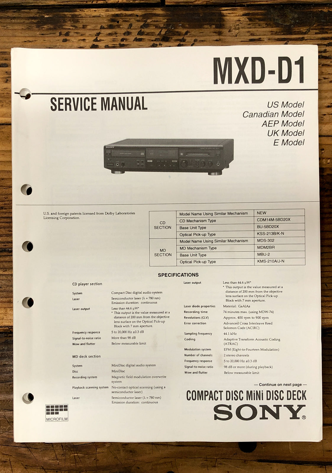 Sony MXD-D1 CD MD Deck  Service Manual *Original*