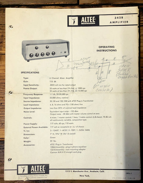 Altec Model 342B Amplifier  Owners Manual & Schematic *Orig* #1