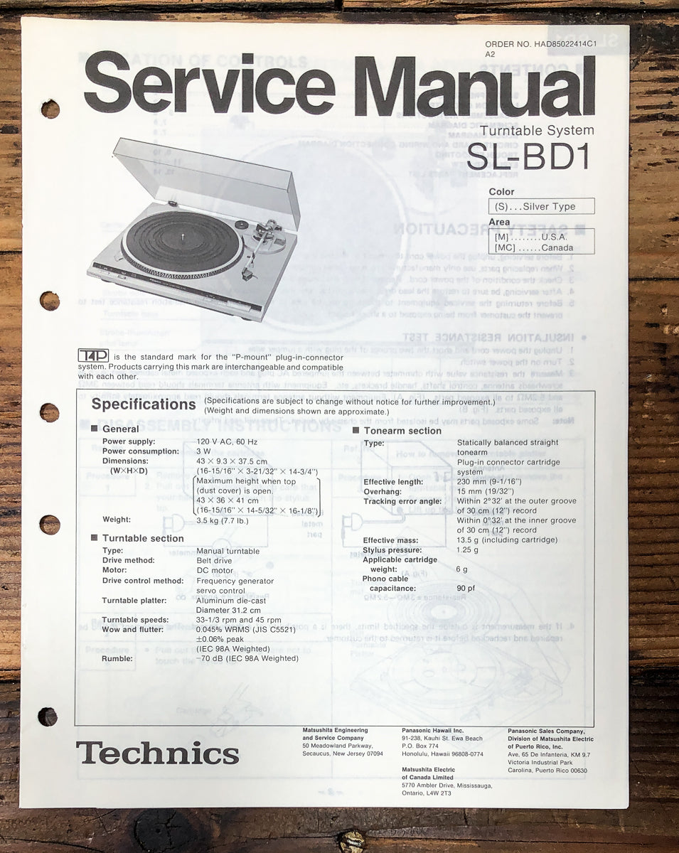Technics SL-BD1 Record Player / Turntable Service Manual *Original*
