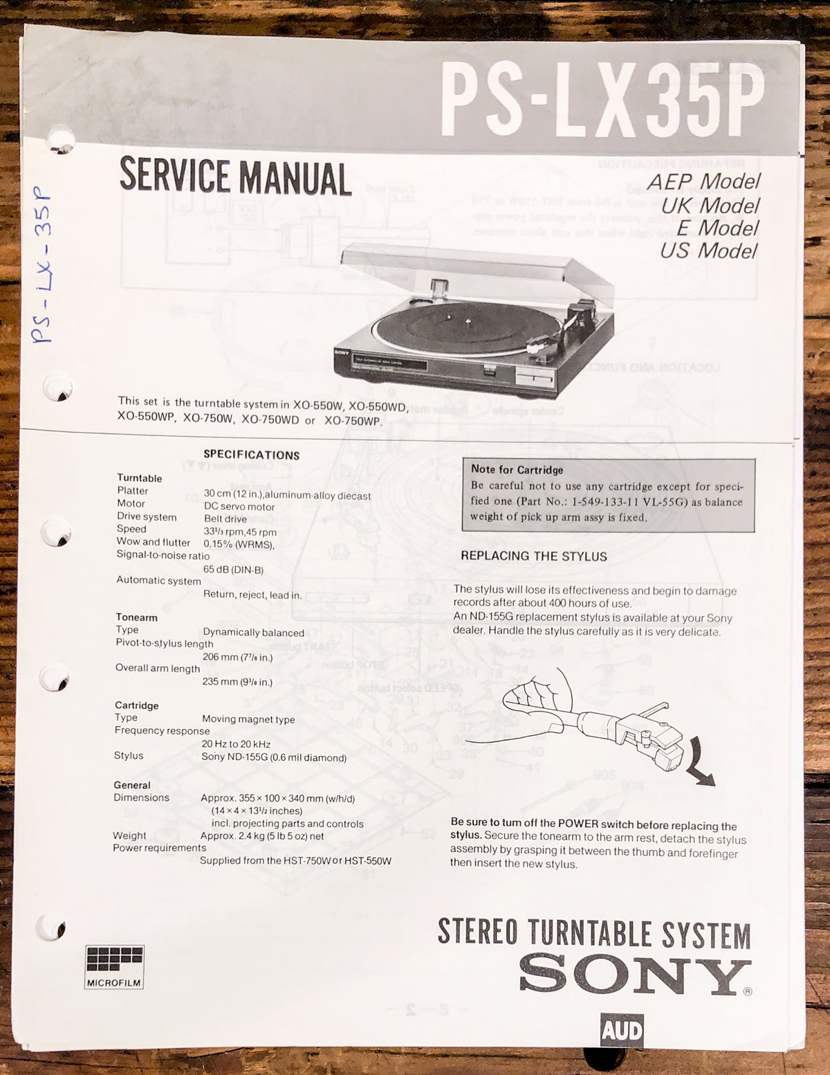 Sony PS-LX35P Record Player / Turntable  Service Manual *Original*