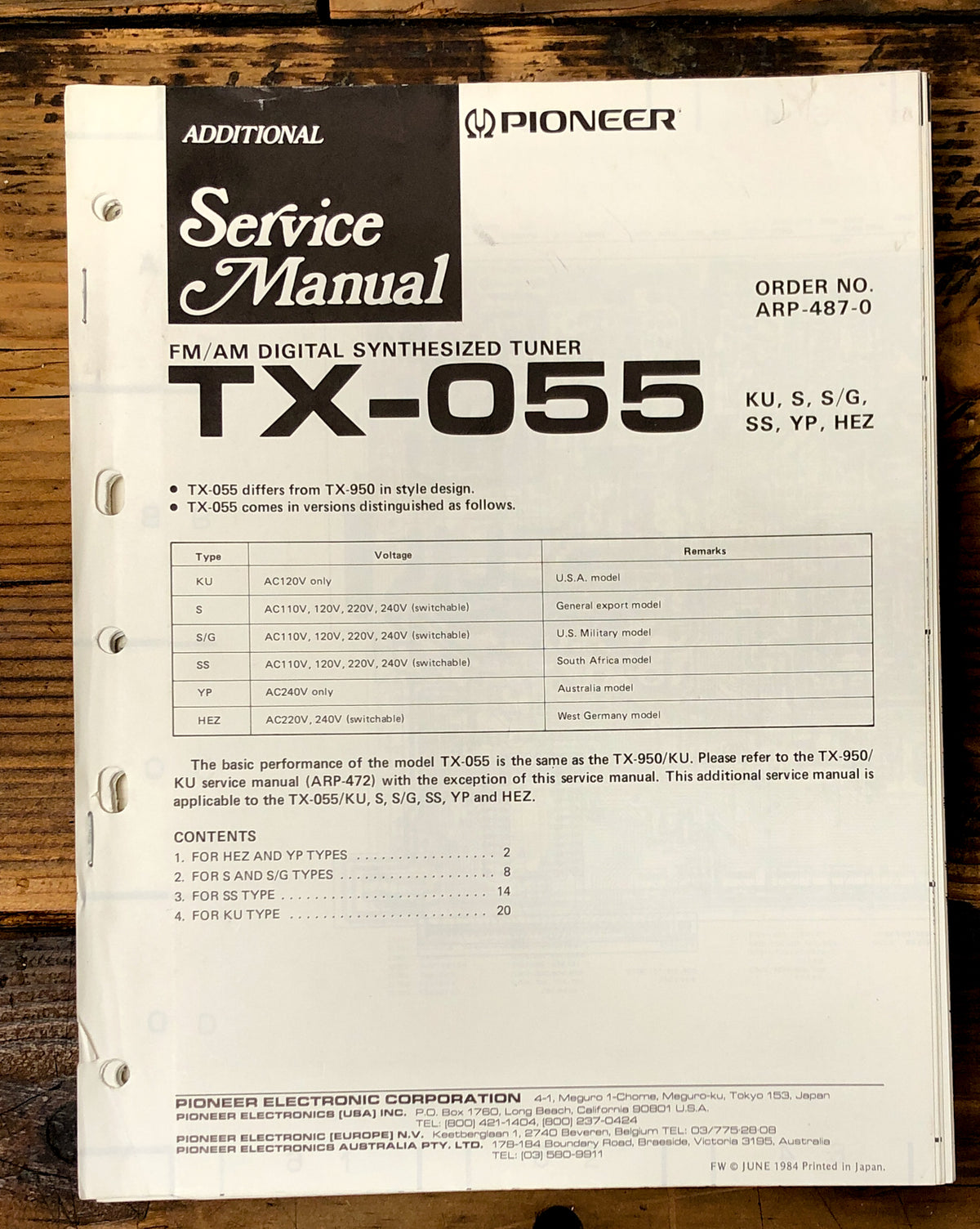 Pioneer TX-055 Tuner Service Manual *Original*