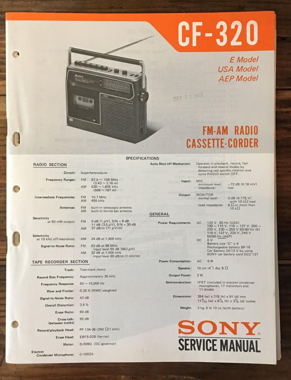 Sony CF-320 Cassette Service Manual *Original*