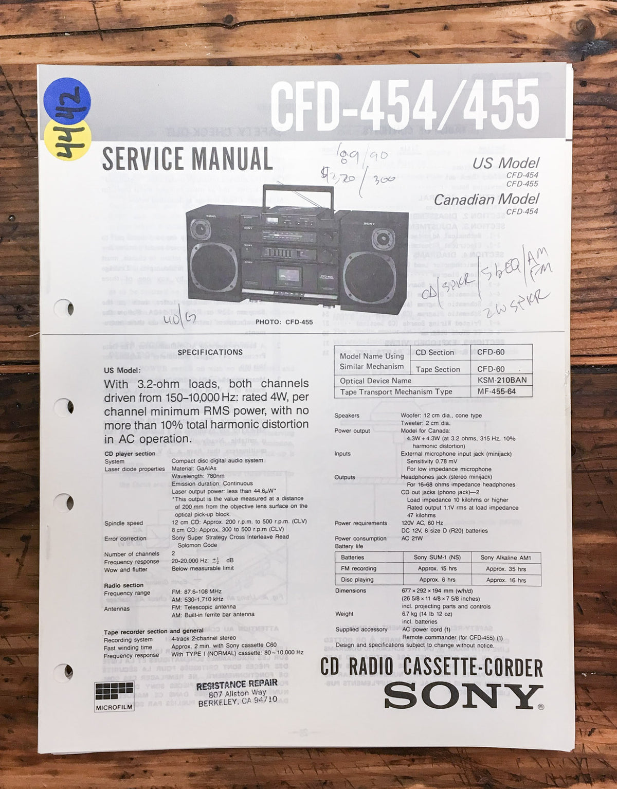Sony CFD-454 CFD-455 Stereo  Service Manual *Original*