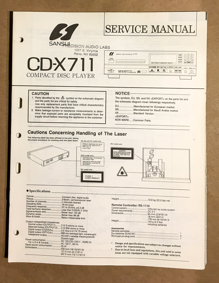 Sansui CD-X711 CD Player Service Manual *Original*