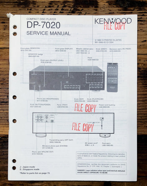 Kenwood DP-7020 CD Player  Service Manual *Original*