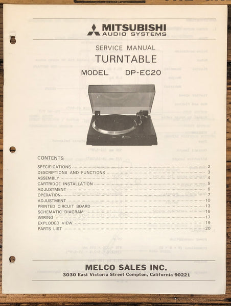 Mitsubishi DP-EC20 Record Player / Turntable  Service Manual *Original*