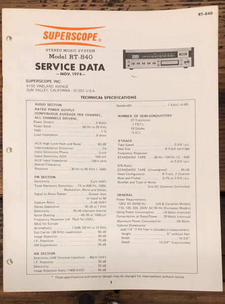 Superscope RT-840 Receiver  Service Manual *Original*