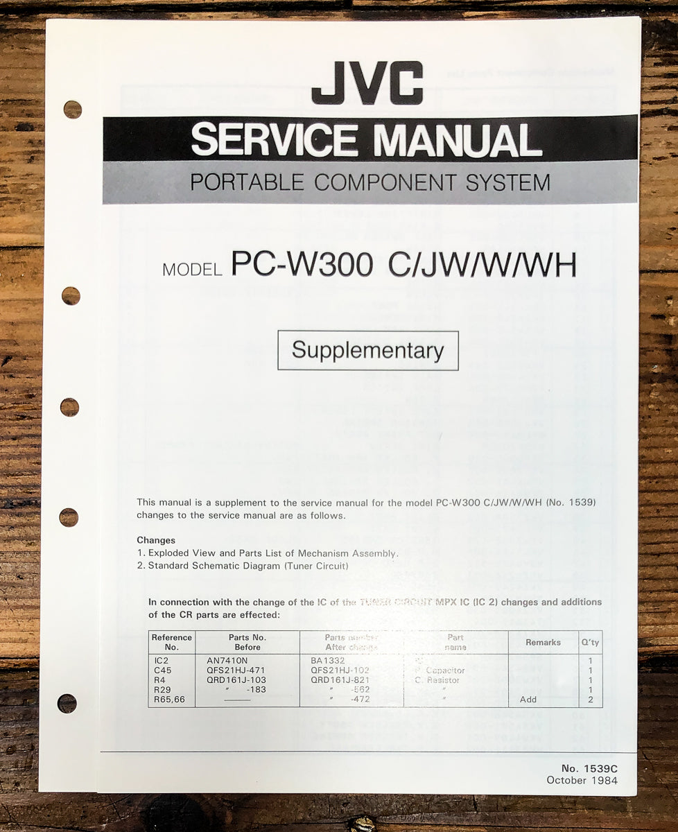 JVC PC-W300 Radio Cassette Supp. Service Manual *Original*