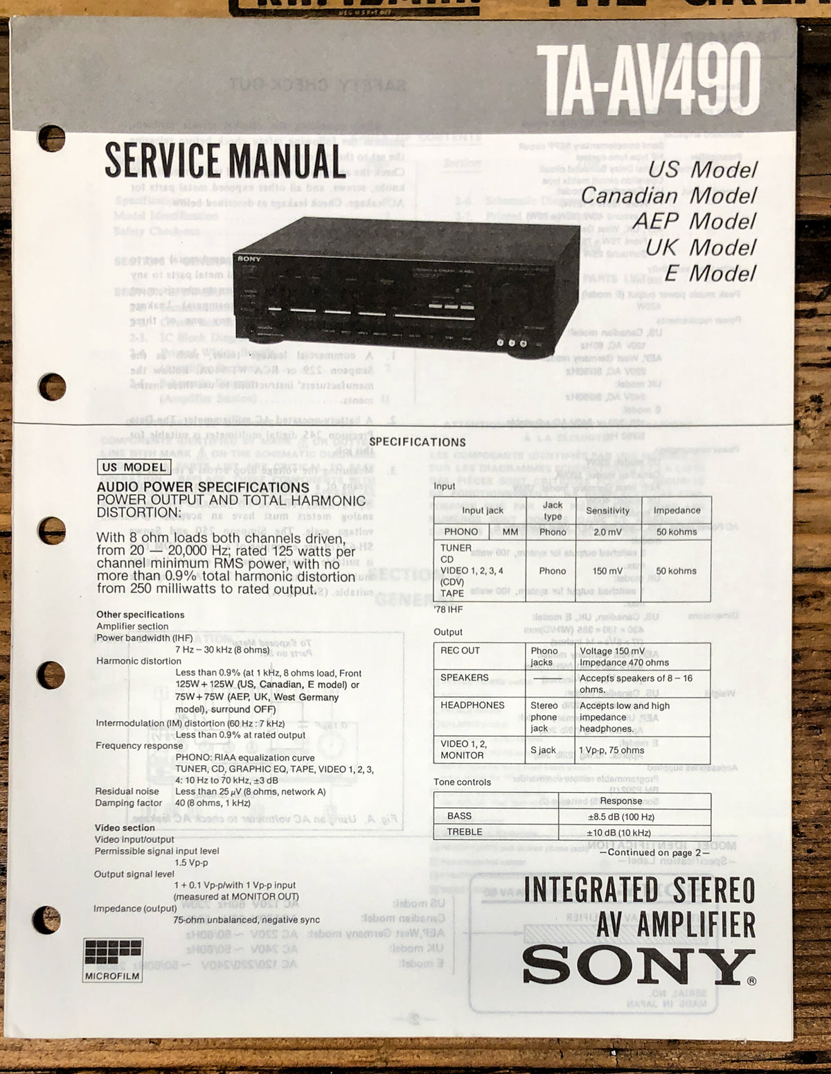 Sony TA-AV490 Amplifier  Service Manual *Original*