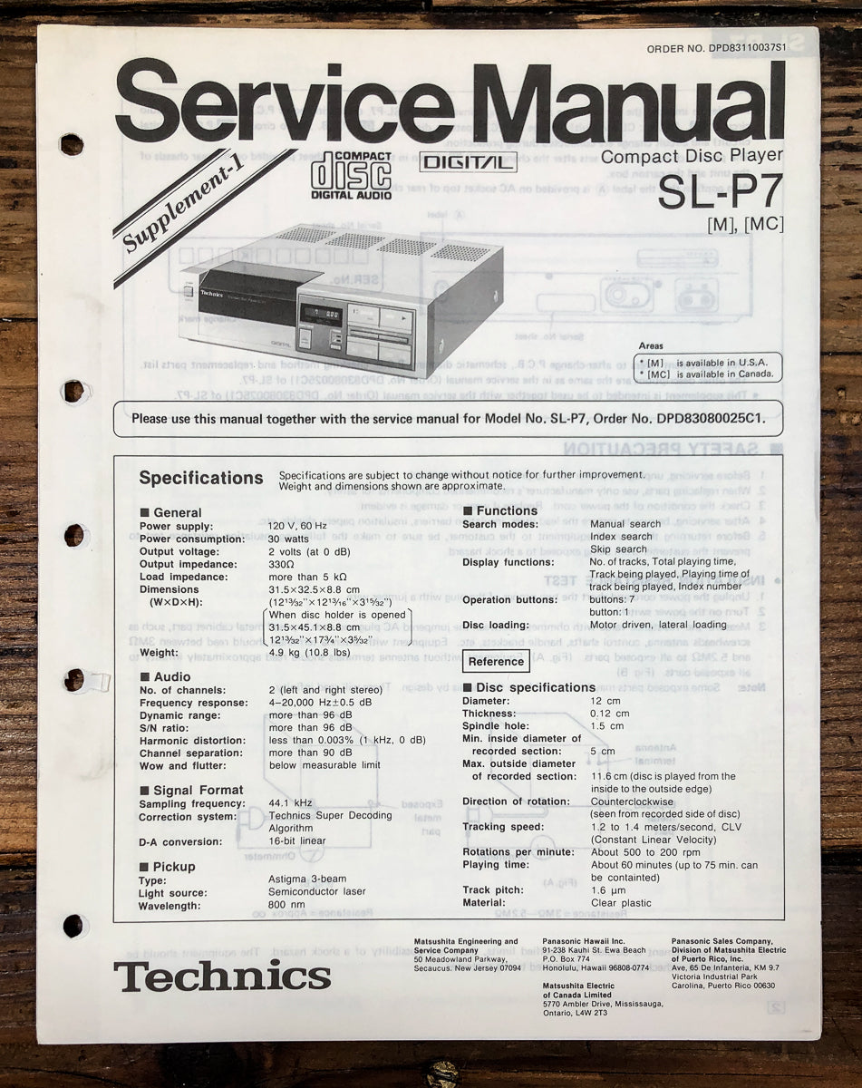 Technics SL-P7 CD Player Supp. Service Manual *Original*