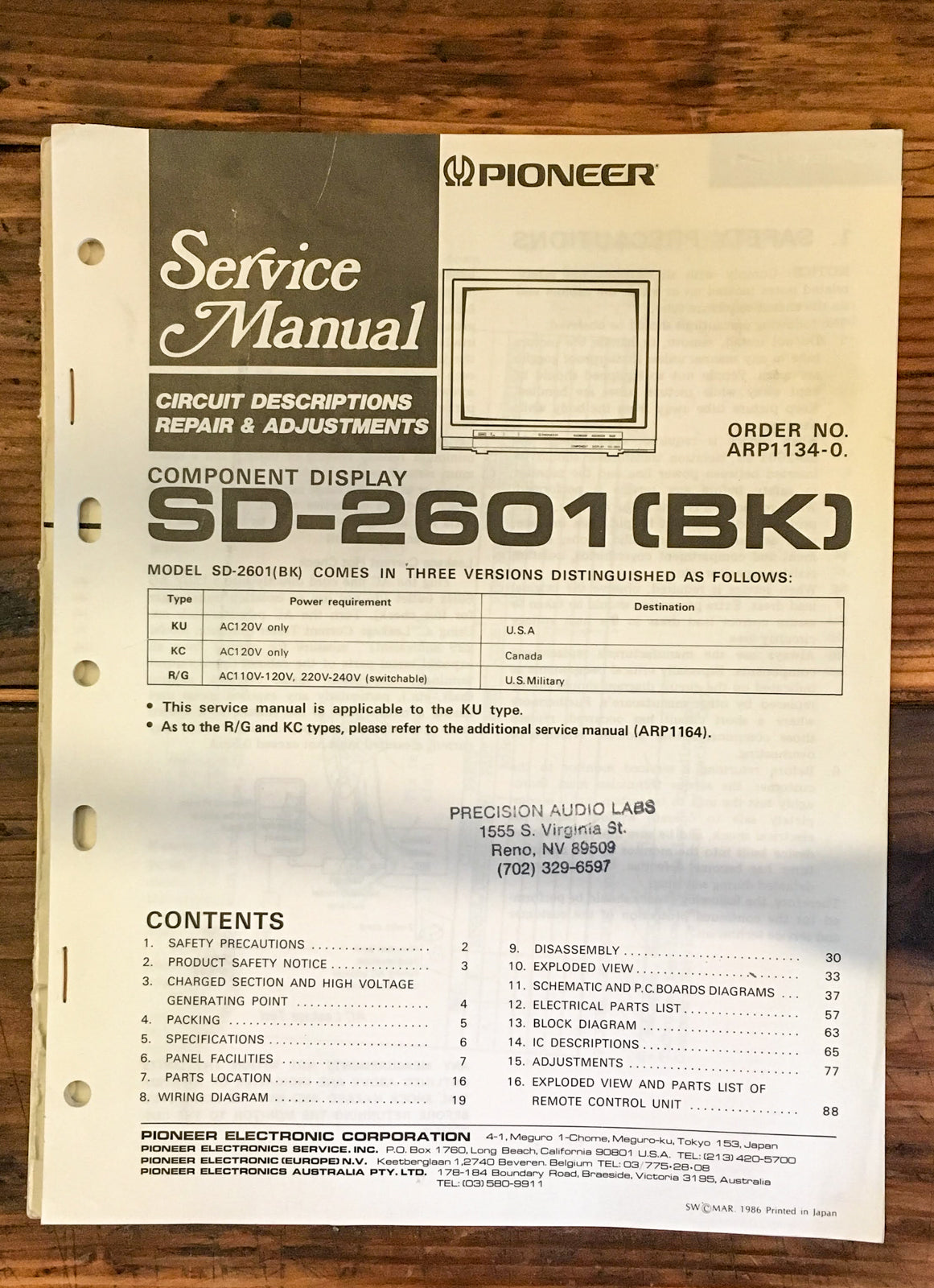 Pioneer SD-2601 Component Display Service Manual *Original*