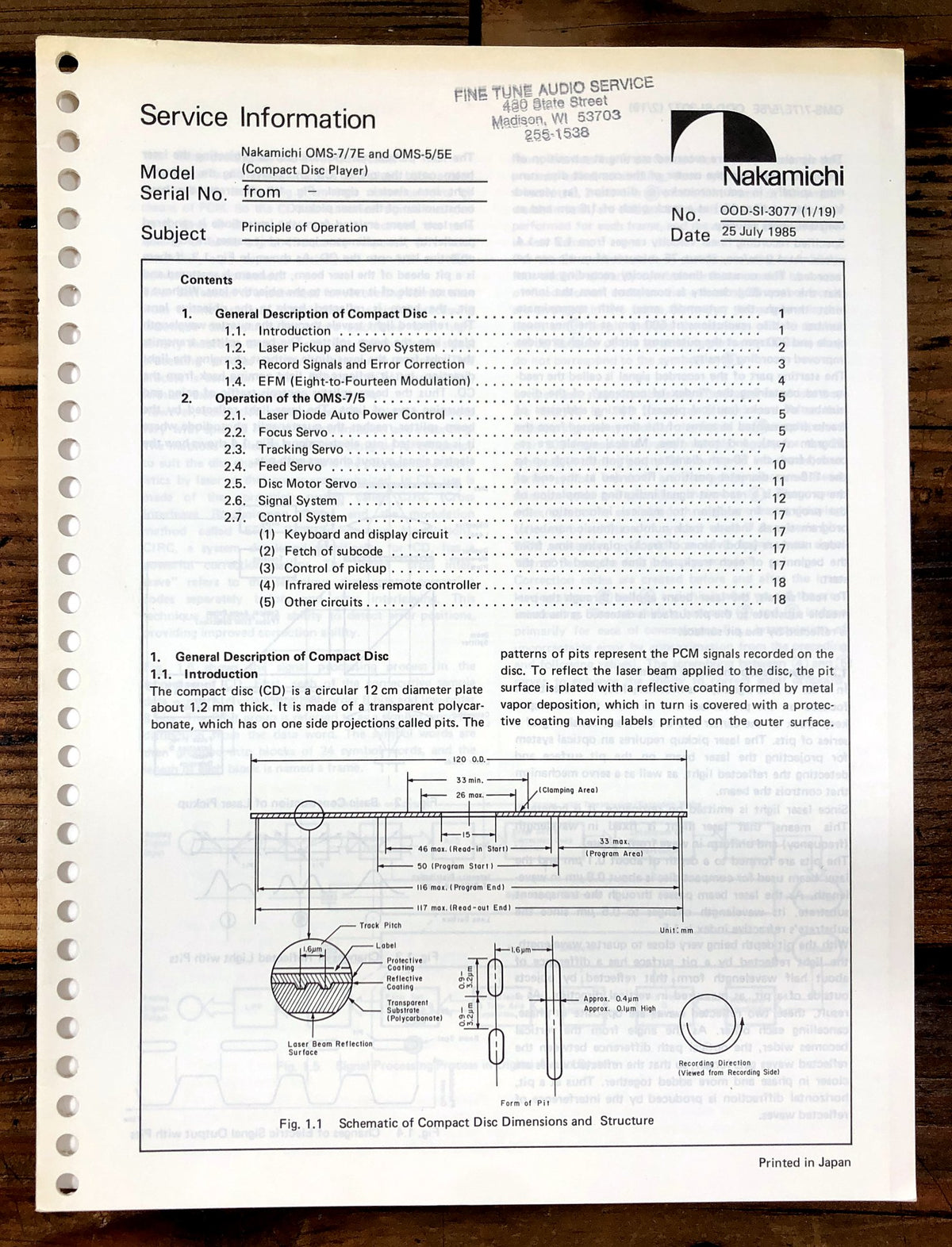 Nakamichi OMS-7 Compact Disc Player Theory of Operation Manual *Original*