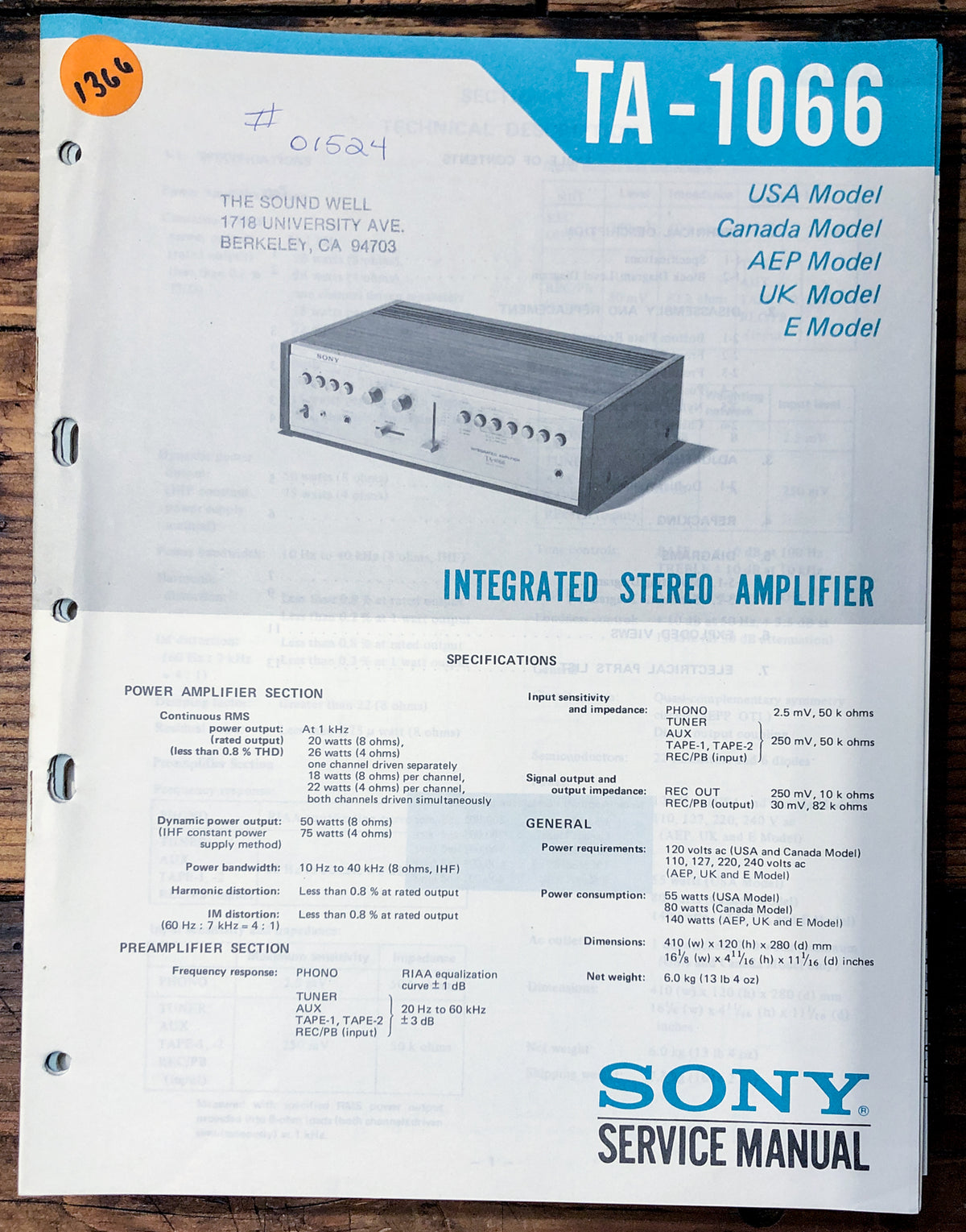 Sony TA-1066 Amplifier  Service Manual *Original*