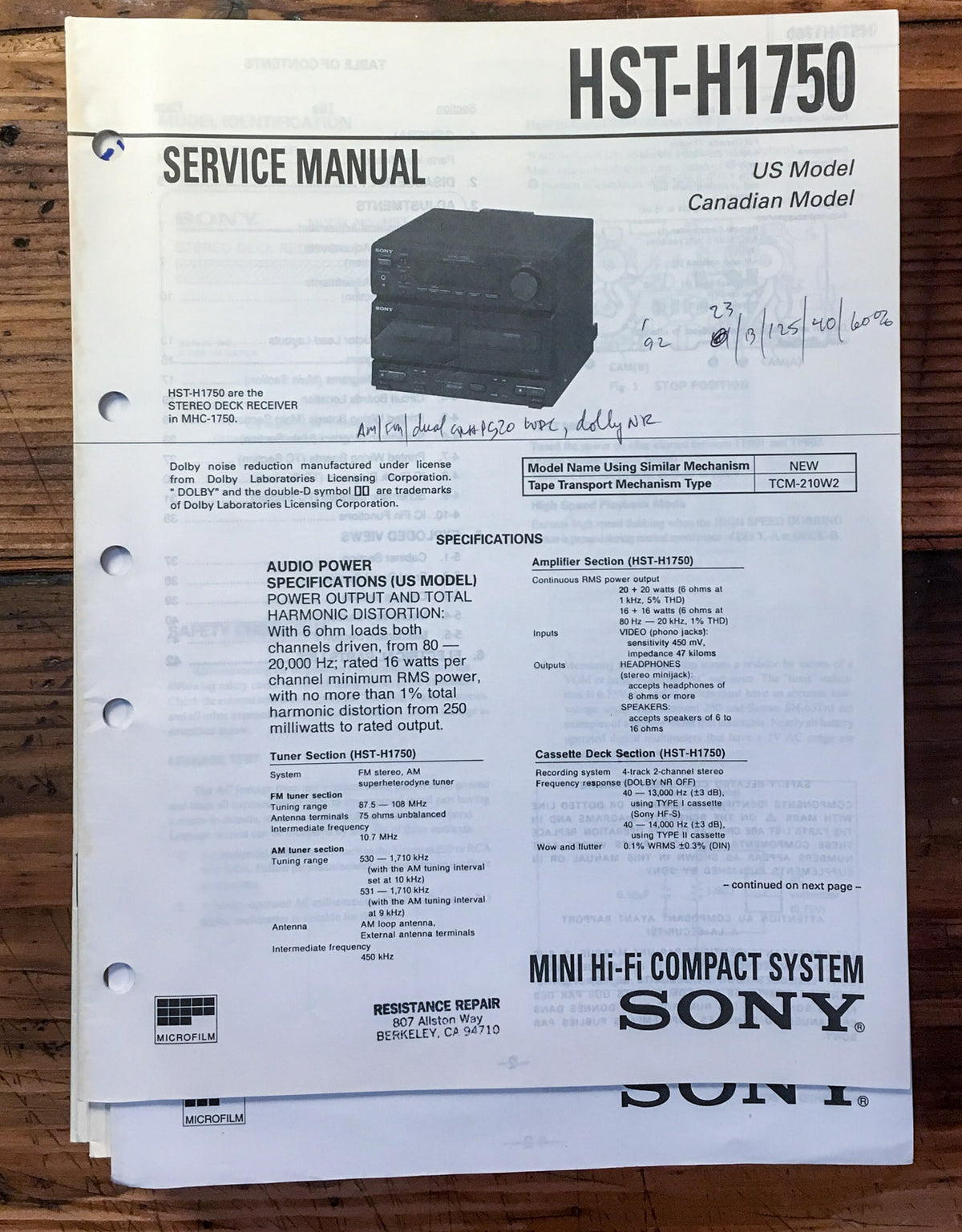 Sony HST-H1750 Stereo  Service Manual *Original*