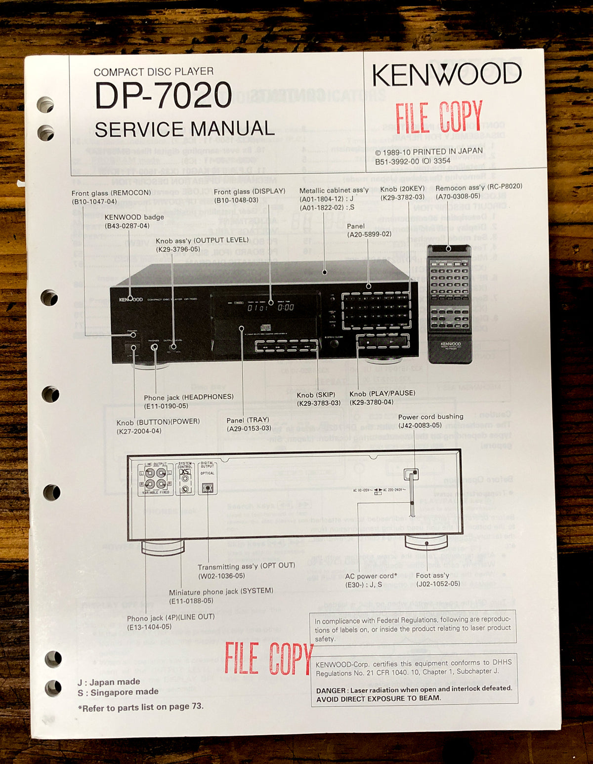 Kenwood DP-7020 CD Player  Service Manual *Original*