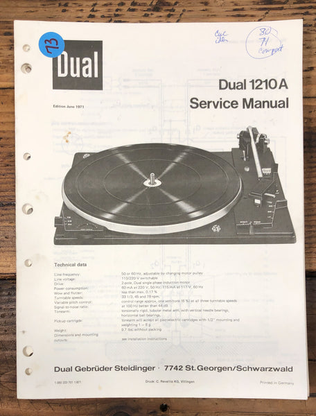 Dual Model 1210A 1210 A Record Player / Turntable  Service Manual *Original*