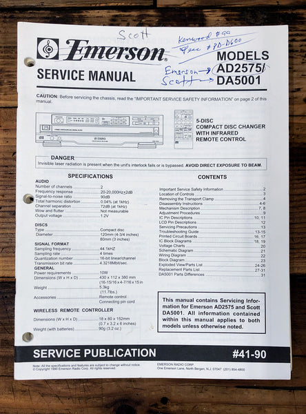 Emerson AD2575 DA5001 CD Player  Service Manual *Original*