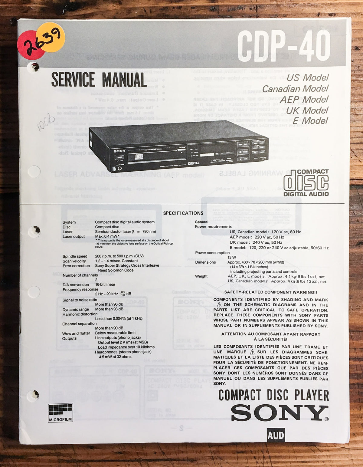 Sony CDP-40 CD Player  Service Manual *Original*