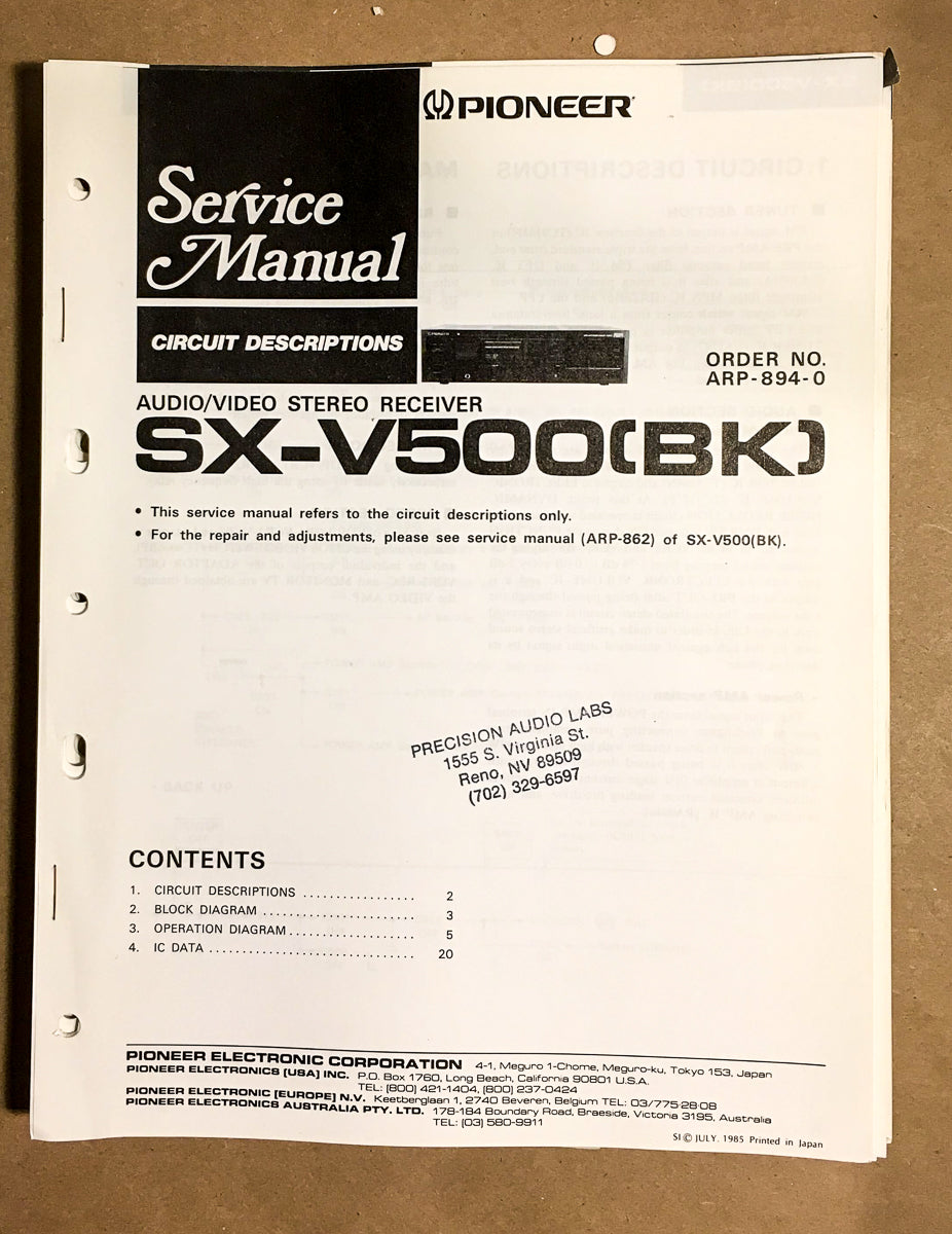 Pioneer SX-V500 Receiver Service Manual *Original* #1