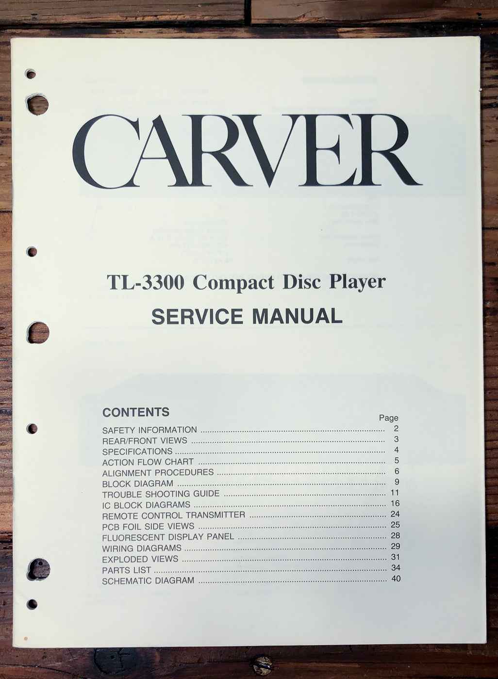 Carver TL-3300 CD Player Service Manual *Original*