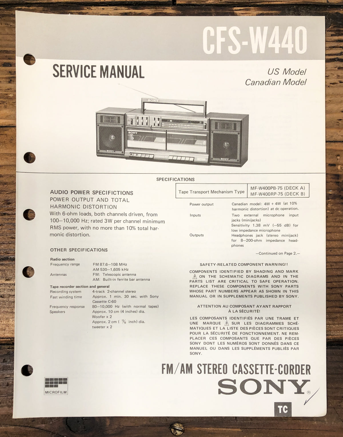 Sony CFS-W440 Radio Service Manual *Original*