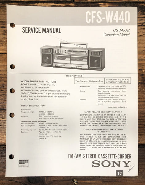 Sony CFS-W440 Radio Service Manual *Original*
