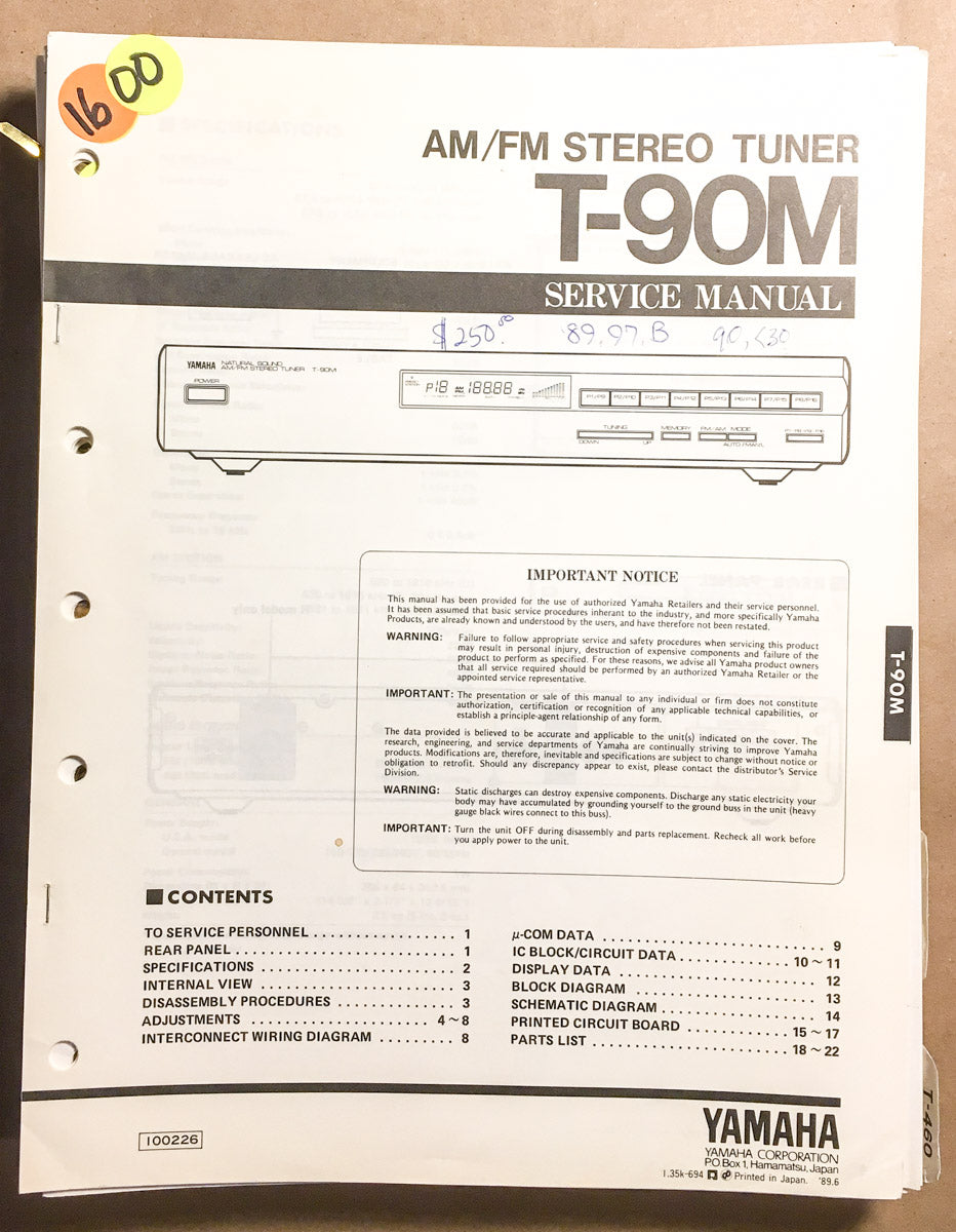 Yamaha T-90M Tuner  Service Manual *Original*