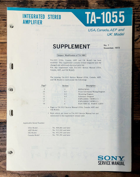 Sony TA-1055 Amplifier Supp. Service Manual *Original*