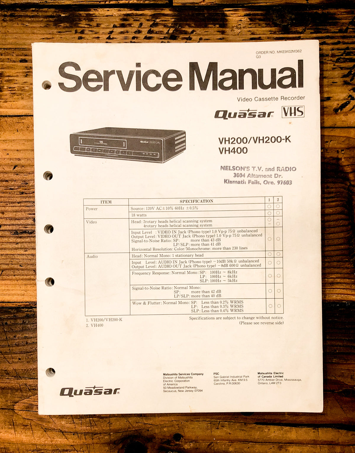 Quasar VH200 VH200-K VH400 VCR  Service Manual *Original*