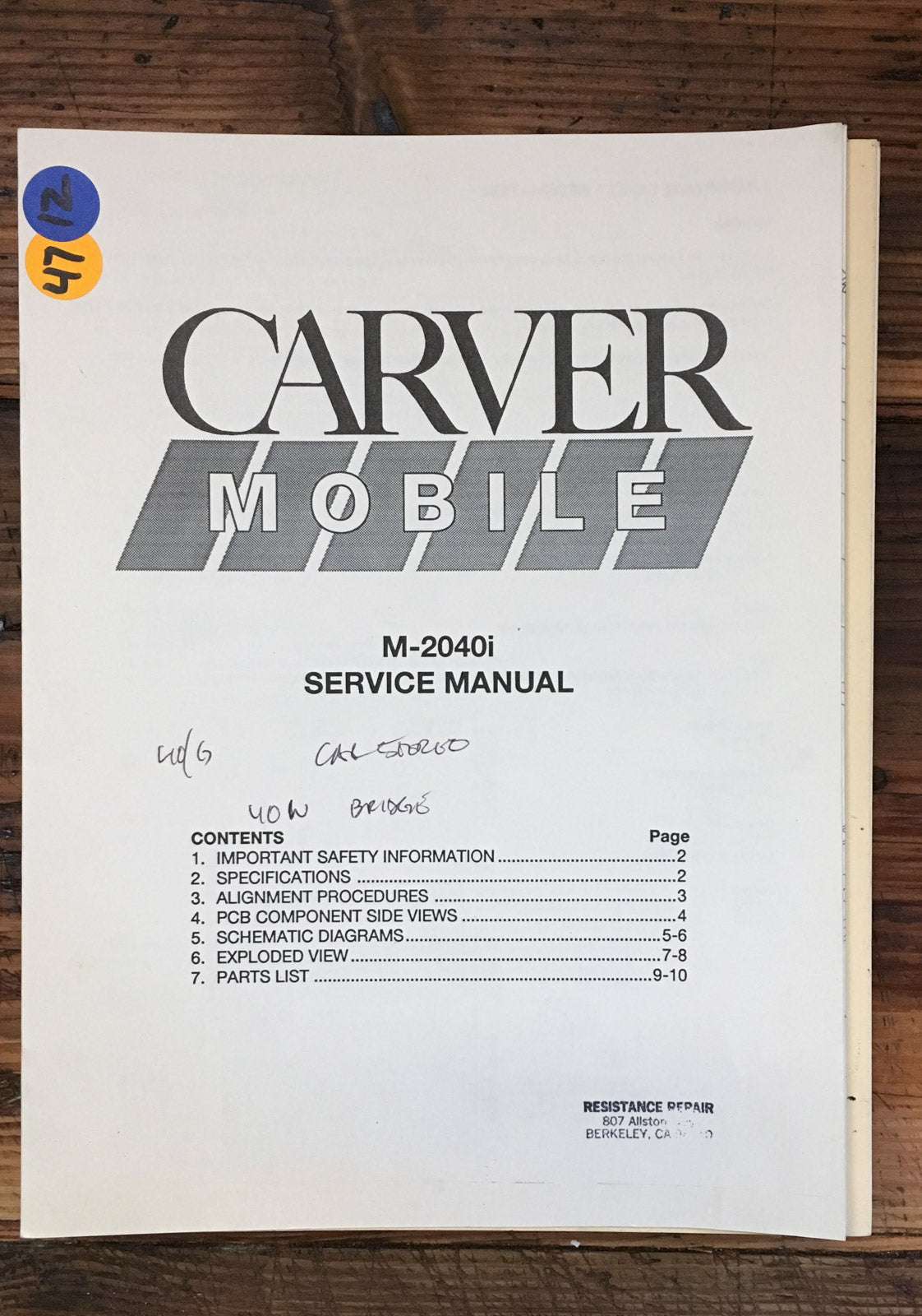 Carver M-2040i Amplifier  Service Manual *Original*