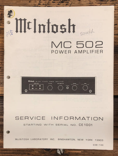 McIntosh MC502 MC-502 Amplifier  Service Manual *Original*