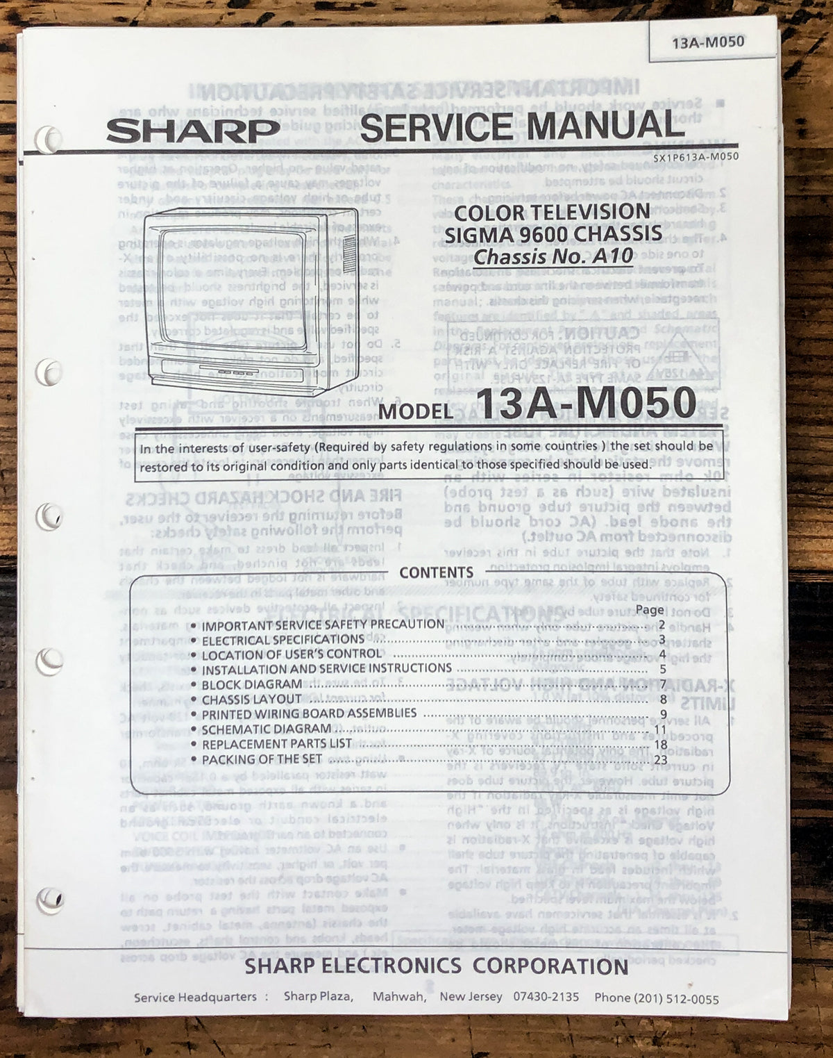Sharp 13A-M050 TV / Television Service Manual *Original*