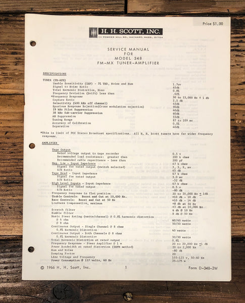 HH Scott Model 348 Receiver New Style Service Manual *Original*