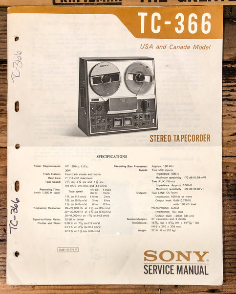 Sony TC-366 Reel to Reel  Service Manual *Original*