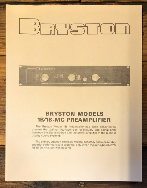 Bryston 1B 1B-MC Preamplifier  3pg Dealer Brochure *Orig*