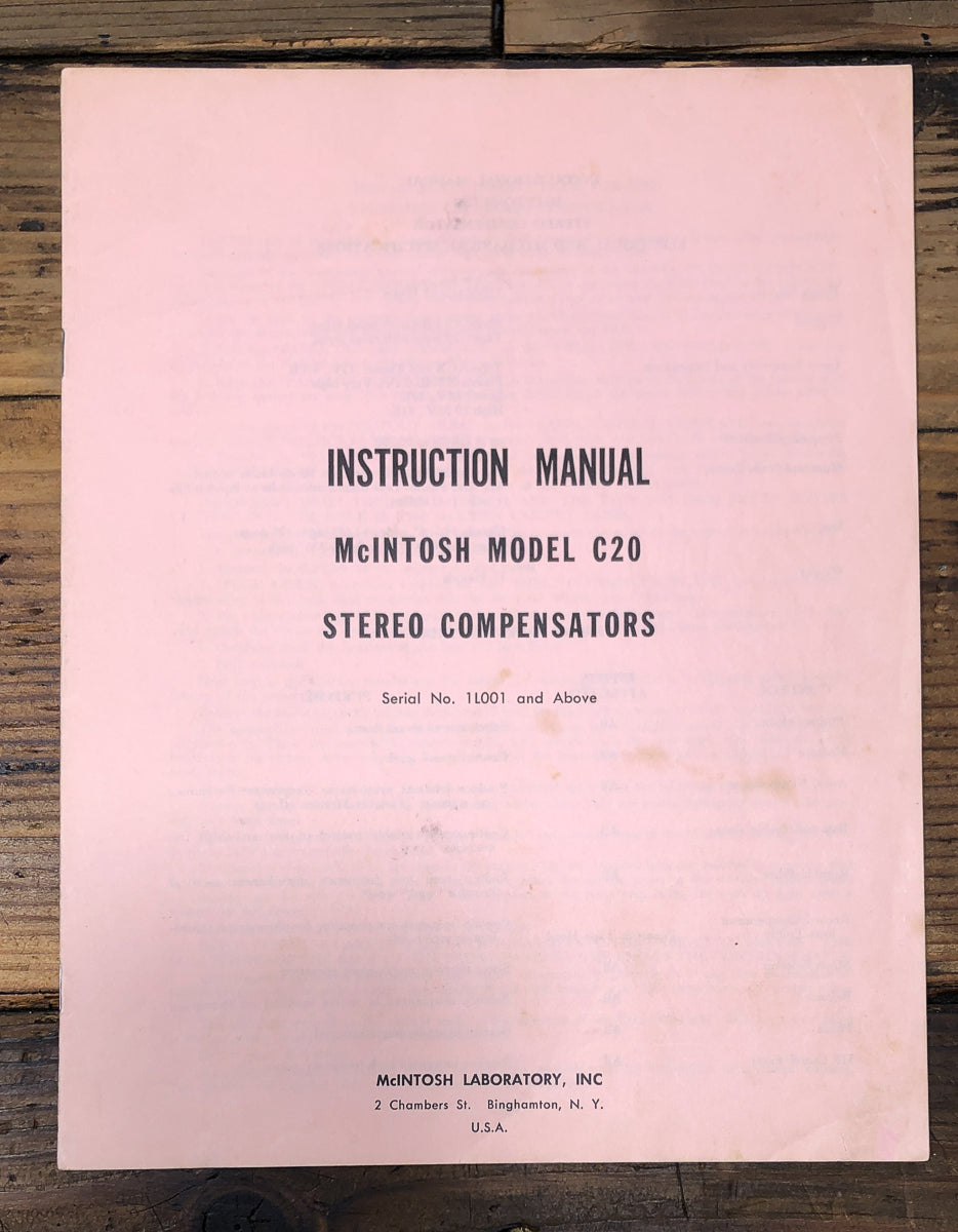 McIntosh C-20 C20 Preamp / Preamplifier Owners / User Manual *Original*