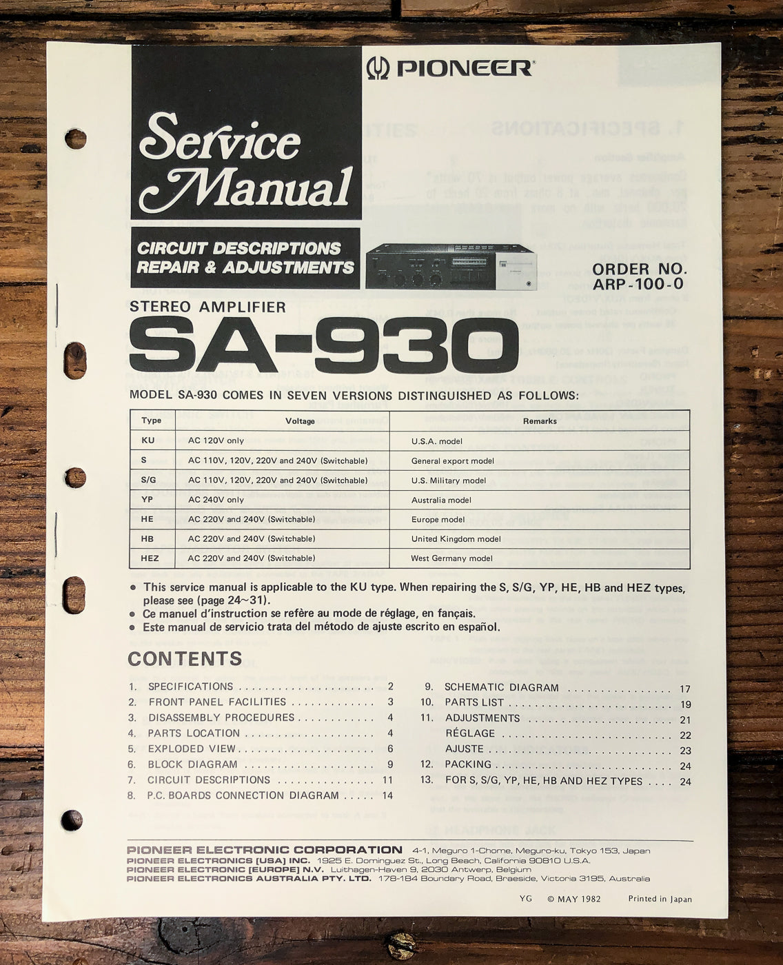 Pioneer SA-930 Amplifier Service Manual *Original*