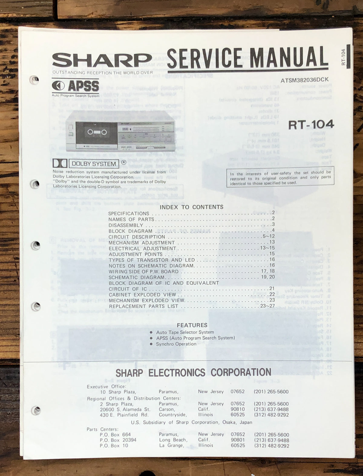 Sharp RT-104 Cassette Service Manual *Original*