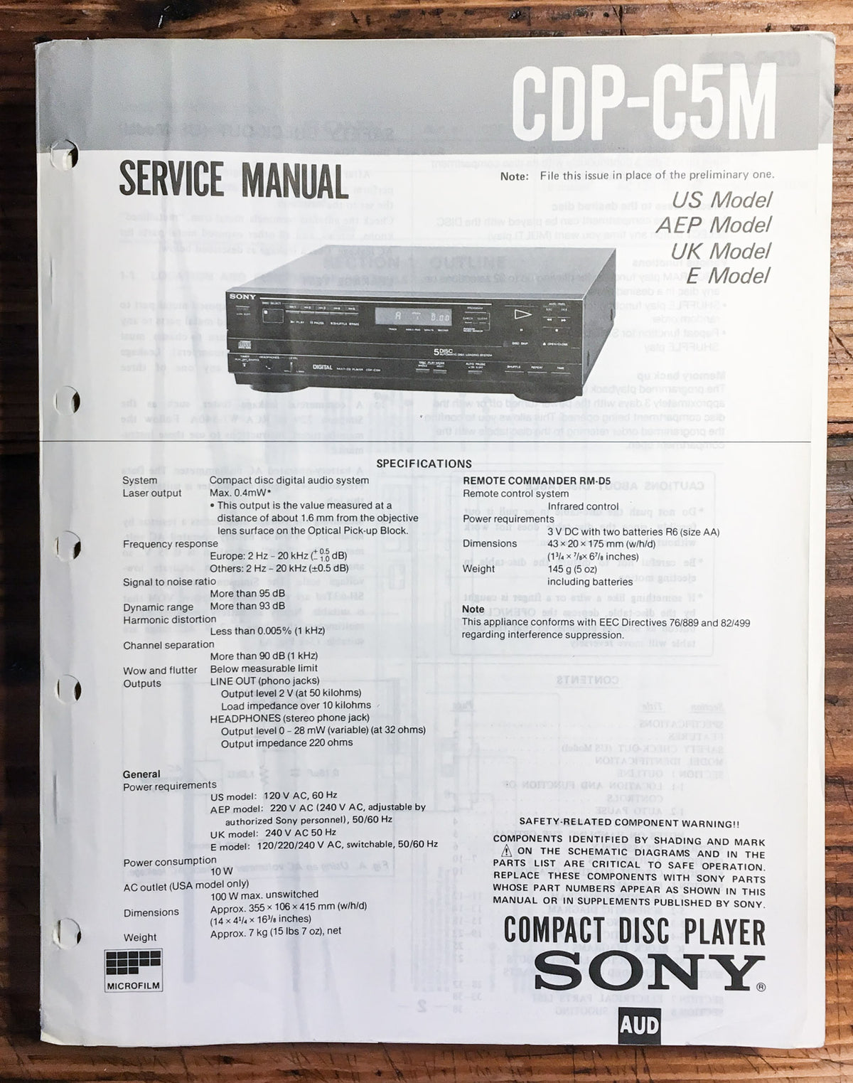 Sony CDP-C5M CD  Player  Service Manual *Original*