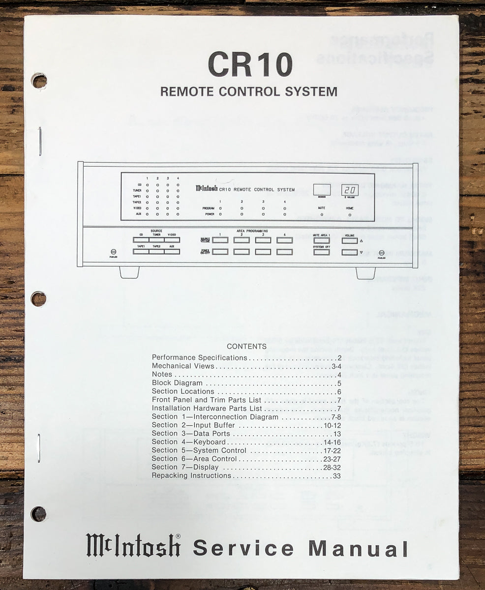 McIntosh CR-10 CR10 Remote Area Controller Service Manual *Original*