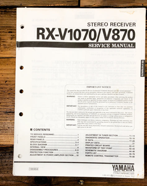 Yamaha RX-V1070 RX-V870 Receiver  Service Manual *Original*