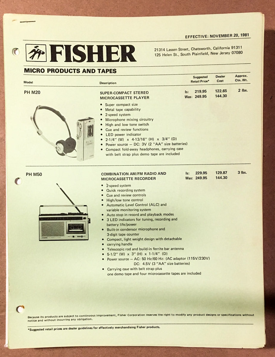 Fisher 1981 Micro Products and Tapes  Confidential Dealer Price List  *Original*