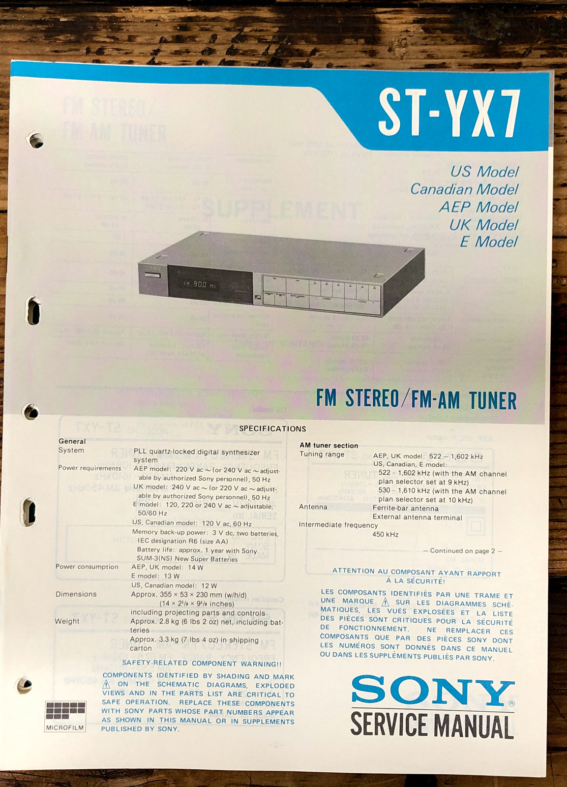 Sony ST-YX7 Tuner  Service Manual *Original*