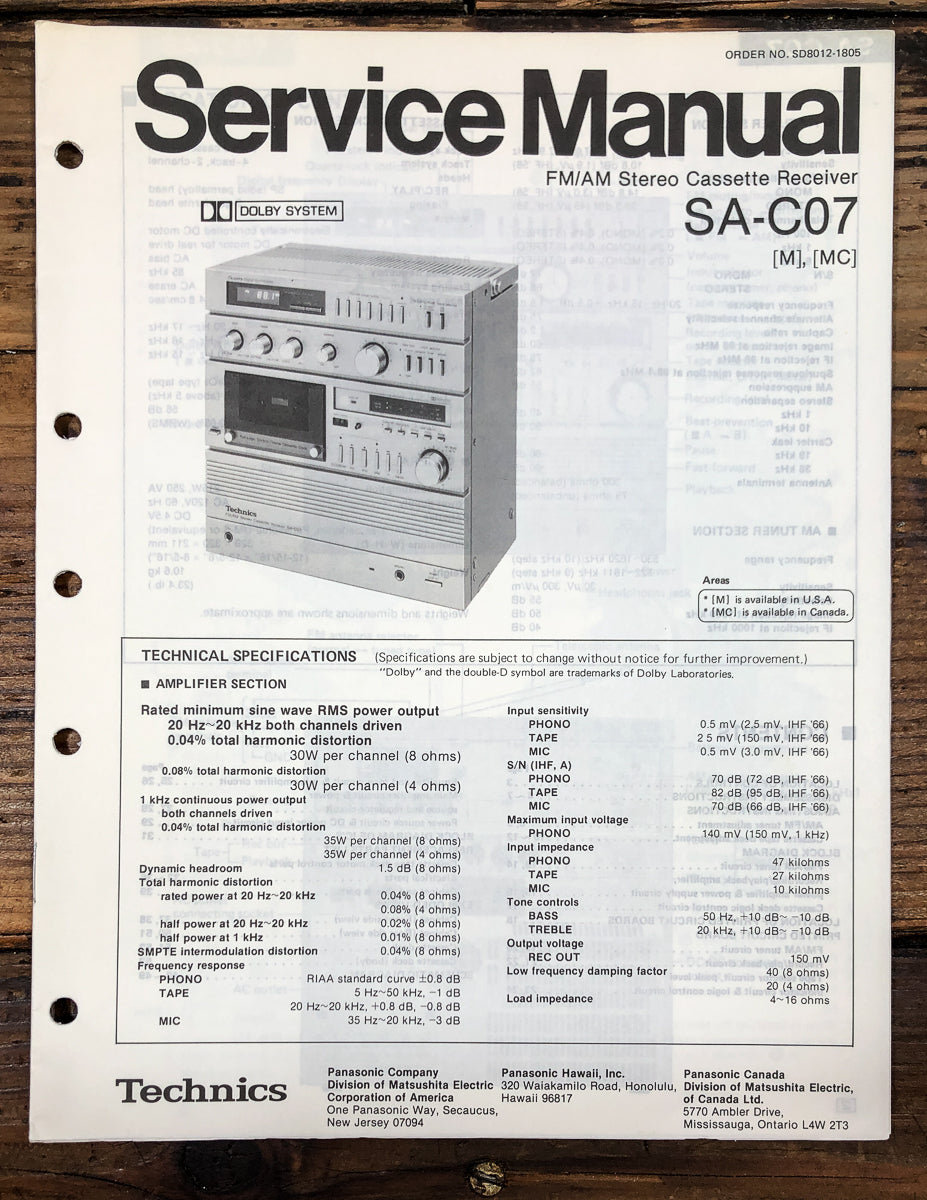 Technics SA-C07 Cassette Receiver Service Manual *Original*