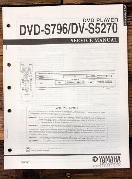 Yamaha DVD-S796 DVD-S5270 DVD Player  Service Manual *Original*