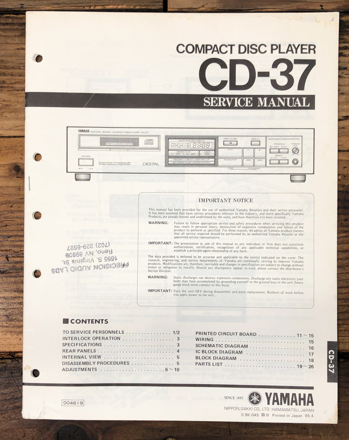 Yamaha CD-37 CD Player  Service Manual *Original*