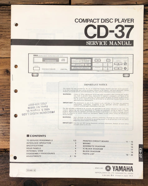Yamaha CD-37 CD Player  Service Manual *Original*